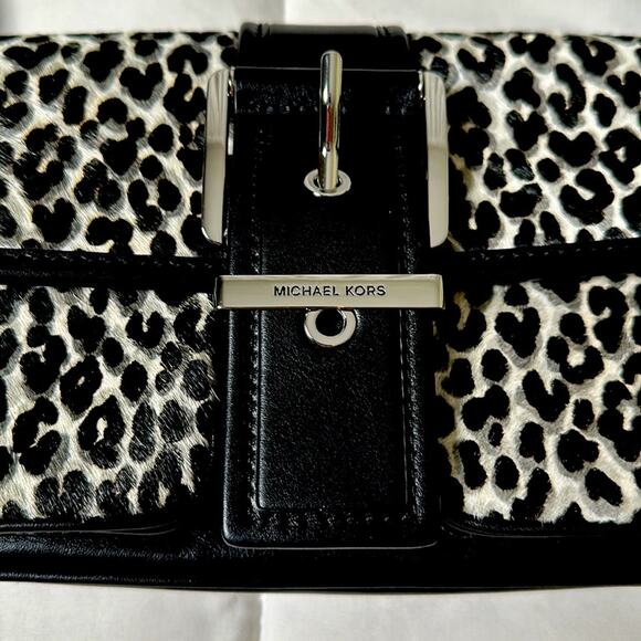Michael Kors Colby Medium Leather & Calf Hair Leopard Print MK Shoulder Bag NEW - Picture 3 of 13